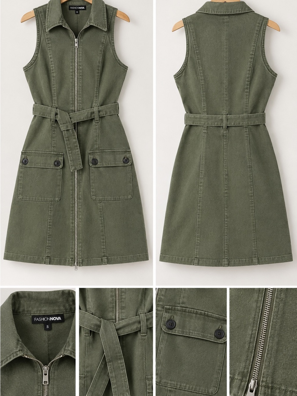 Fashion Nova Olive Green Sleeveless Zip Utility Dress